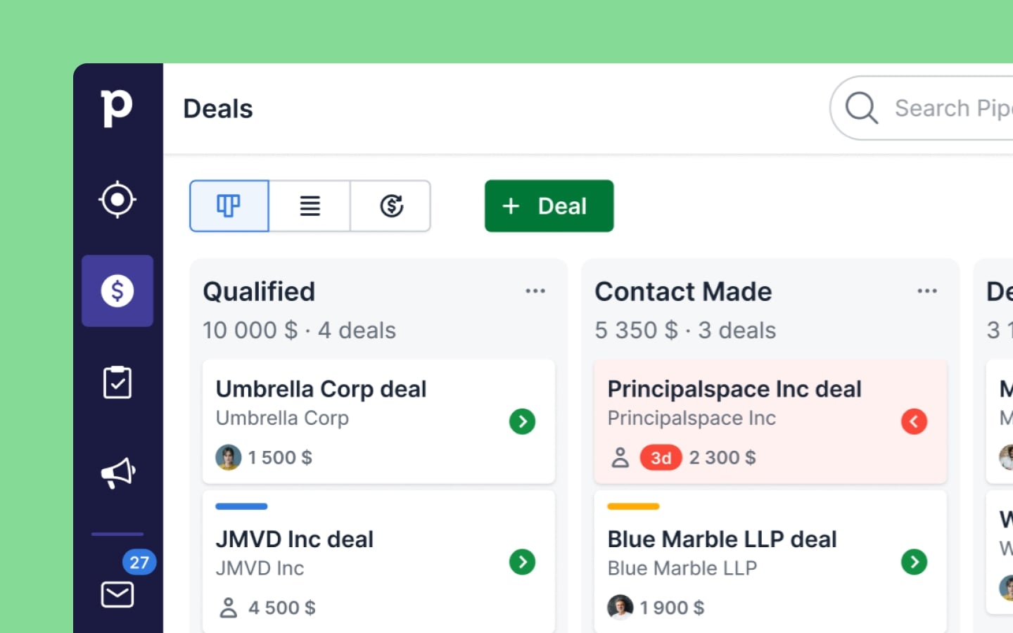 Pipedrive-Verkaufspipeline mit Phasen, Deals und Aktivitäten